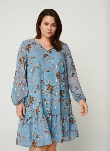 Långärmad klänning med blommönster, Light Blue AOP, Model image number 0