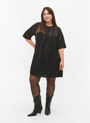 A-linjeformad klänning med ränder och halv ärm, Black, Model image number 2