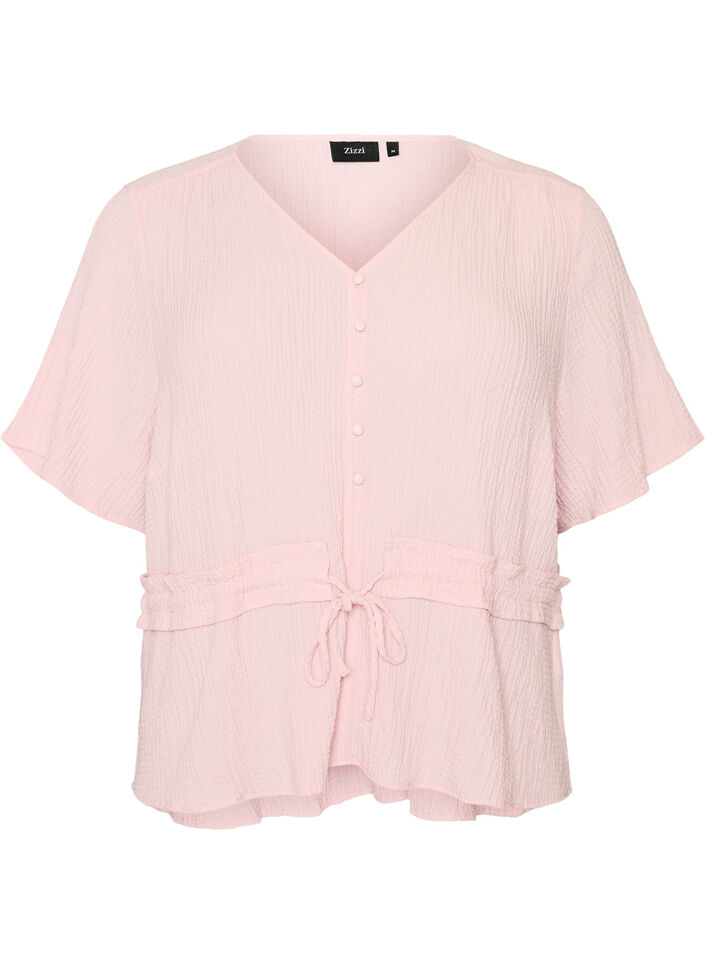 Blus med struktur och knyt i midjan, Rosa, Packshot image number 0
