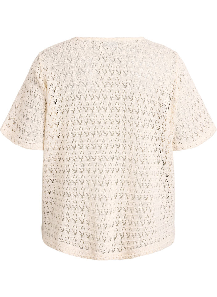 Kort&auml;rmad blus med h&aring;lbroderi, Beige, Packshot image number 1