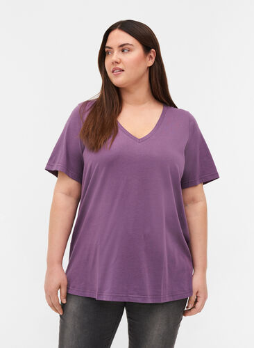 T-shirt i ekologisk bomull med v-ringning, Vintage Violet, Model image number 0