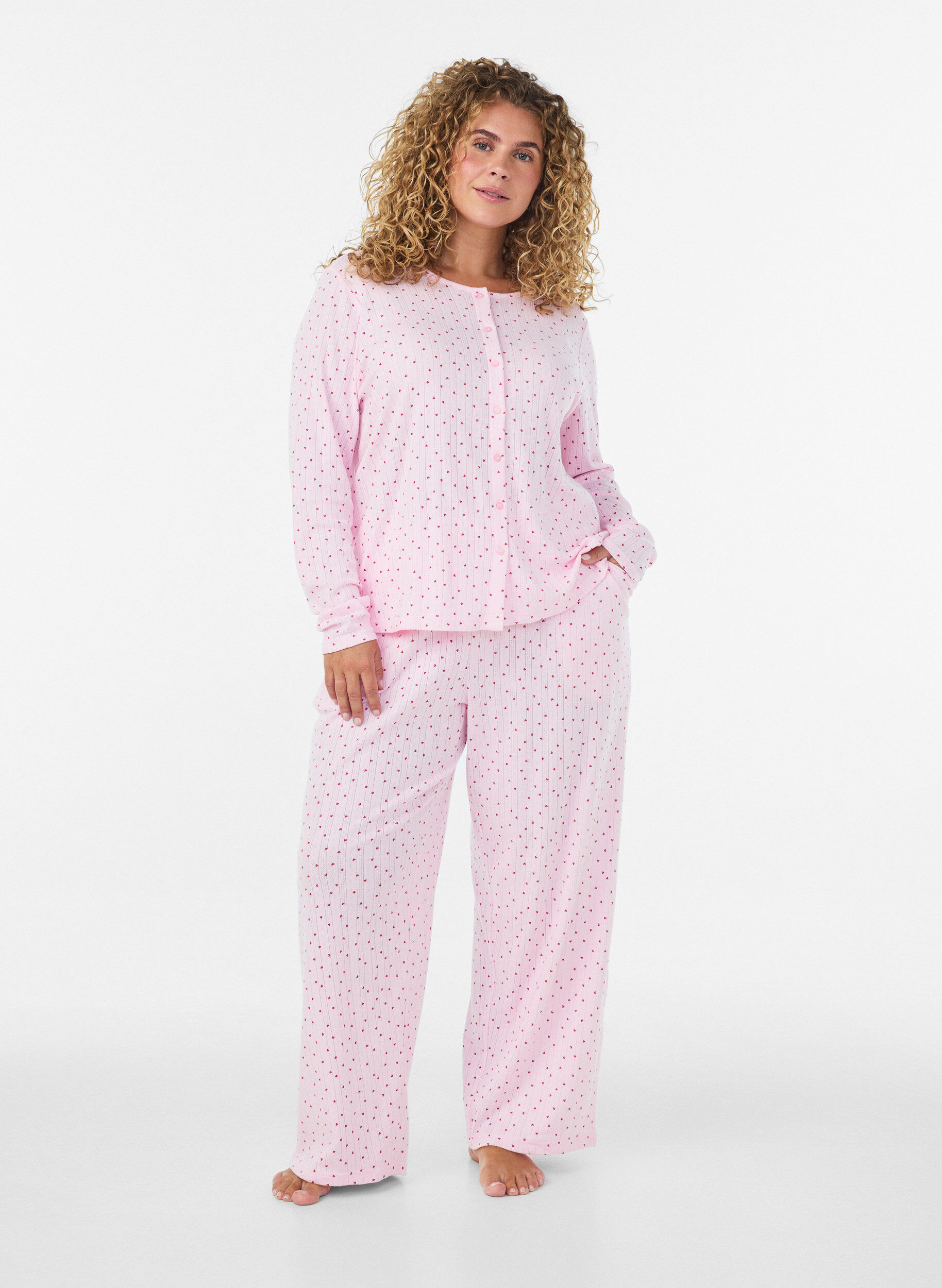 ZizziPyjamabyxor i ekologisk bomull med h&aring;lbrodyr, Rosa, Model image number 1