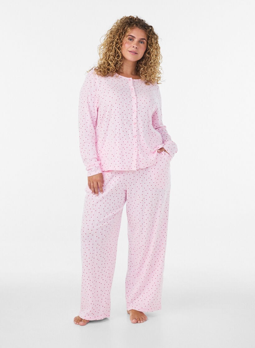 Pyjamabyxor i ekologisk bomull med h&aring;lbrodyr, Rosa, Model image number 1