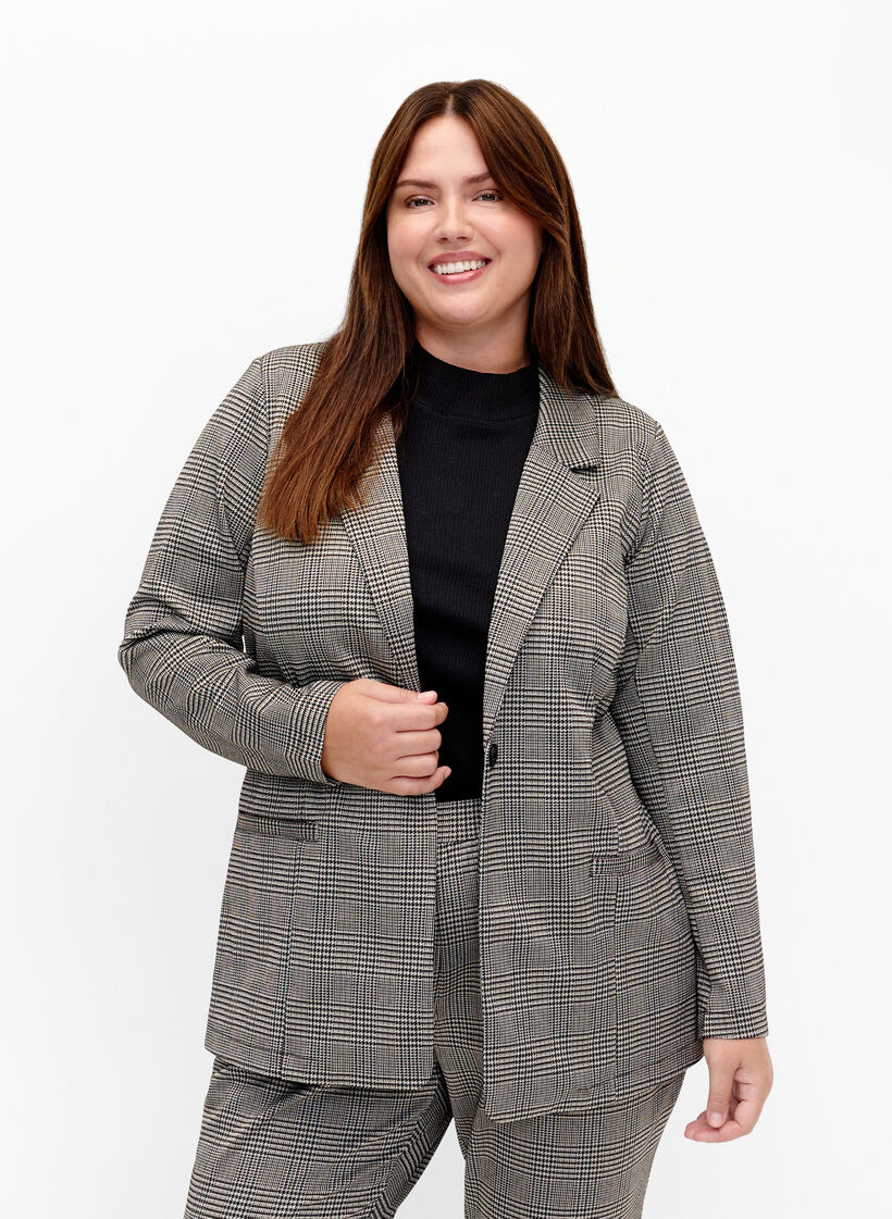 Rutig blazer med knapp, Beige Brown Check, Model image number 0