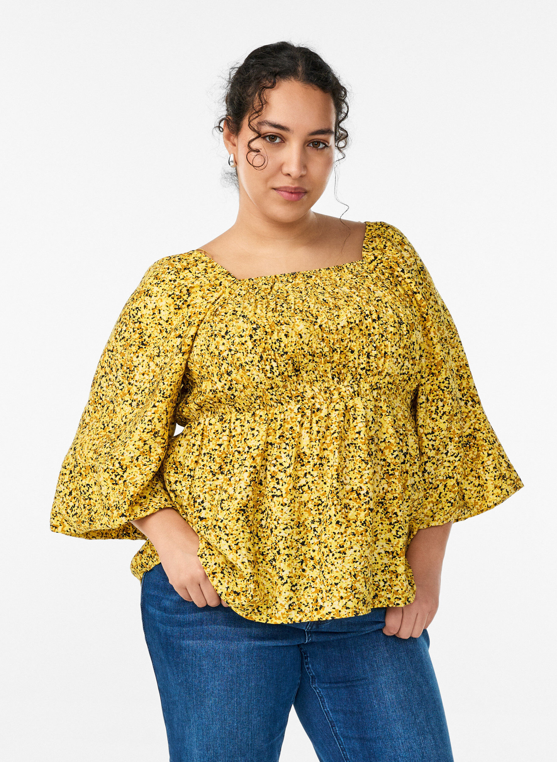 Blus med smock och fyrkantig ringning, Gul, Model