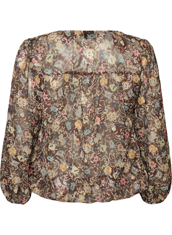 Blus med blommigt m&ouml;nster och ballong&auml;rmar, Brun, Packshot image number 1
