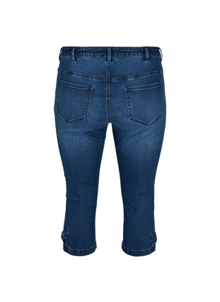 Trekvartsbyxor i jeans med rosett, Dark blue denim, Packshot image number 1