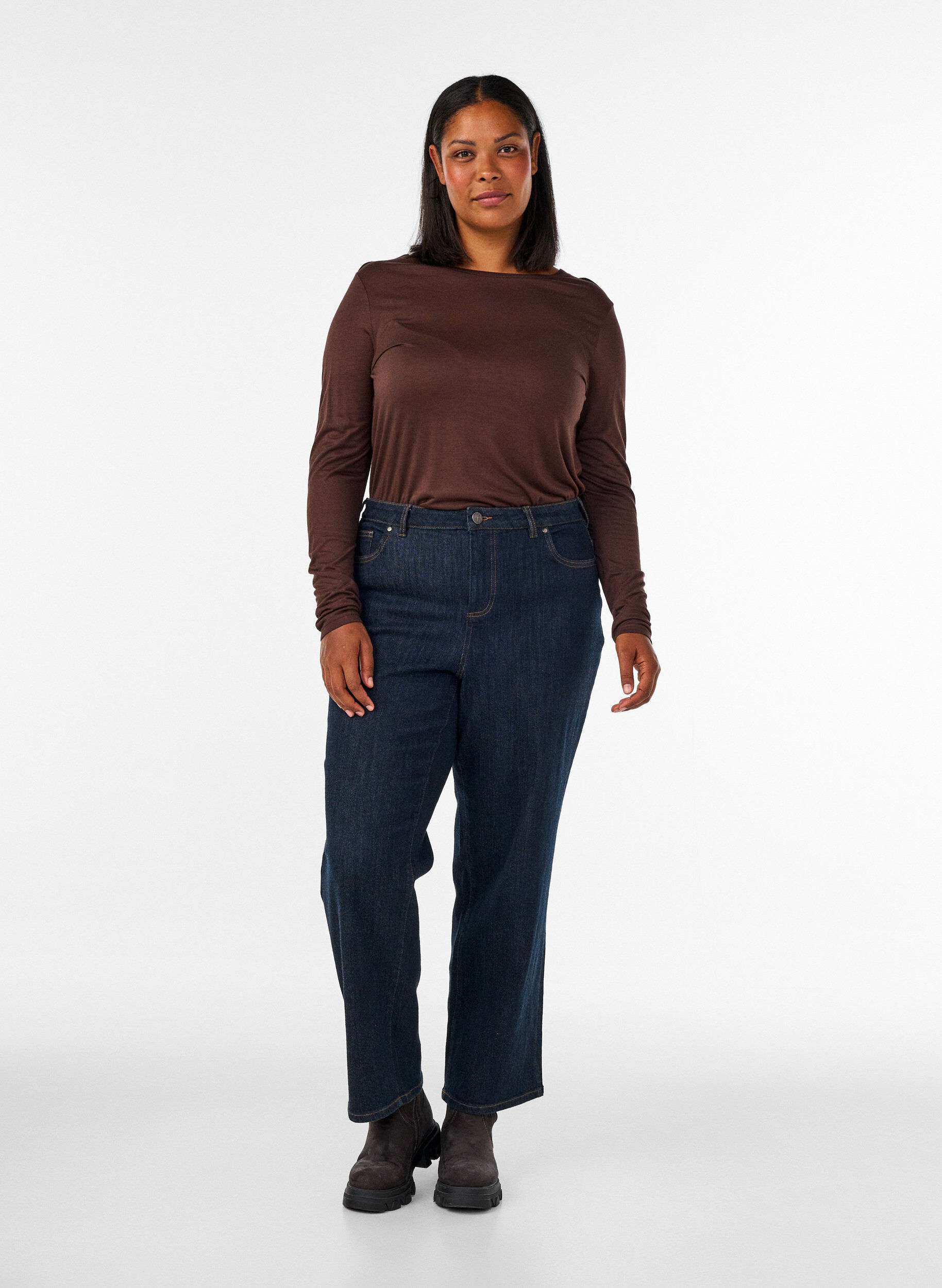 ZizziL&aring;ng&auml;rmad blus i ull och viskos, Brun, Model image number 1