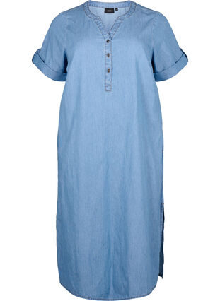 Denimklänning med slits och korta ärmar, Blue denim, Packshot image number 0