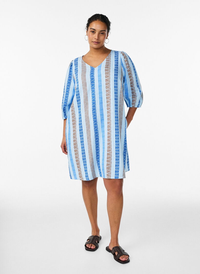 Kort kl&auml;nning i linne och viskos med 3/4-&auml;rmar, Bl&aring;, Model image number 1