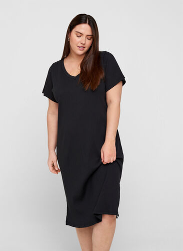 Ribbad klänning med korta ärmar och slits, Black, Model image number 0