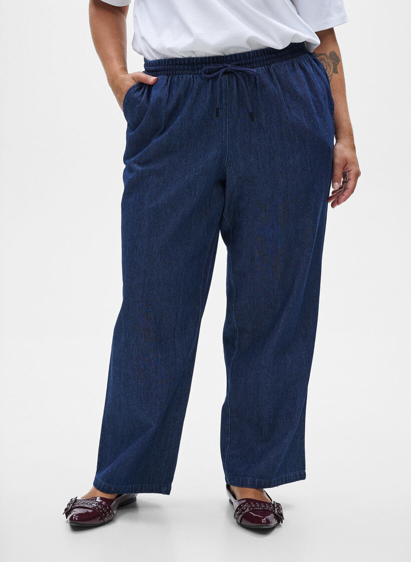 Jeans med rak passform och res&aring;r i midjan, Bl&aring;, Model image number 2