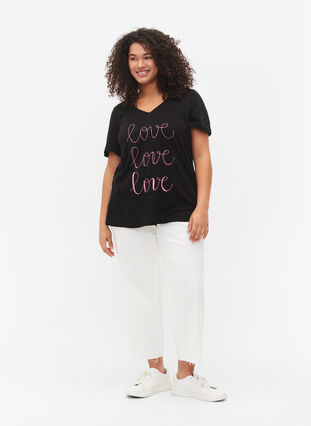 T-shirt i bomull med V-ringad hals och tryck, Black W. Love, Model image number 2