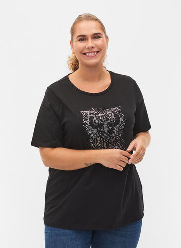 T-shirt med nitar i ekologisk bomull, Black Owl, Model image number 0