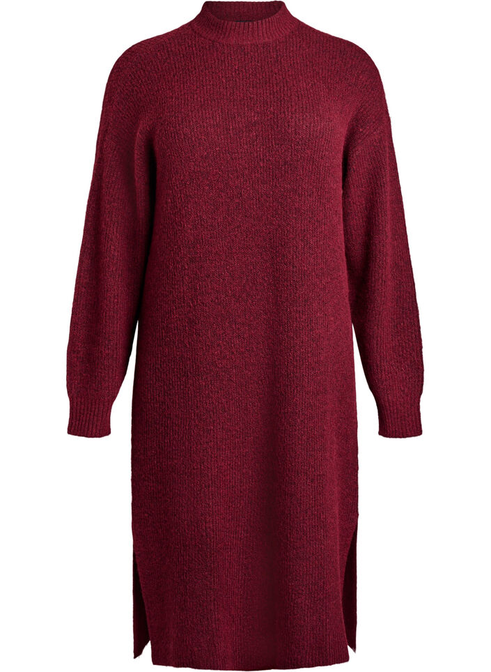Lång stickad klänning med hög hals, Röd, Packshot image number 0