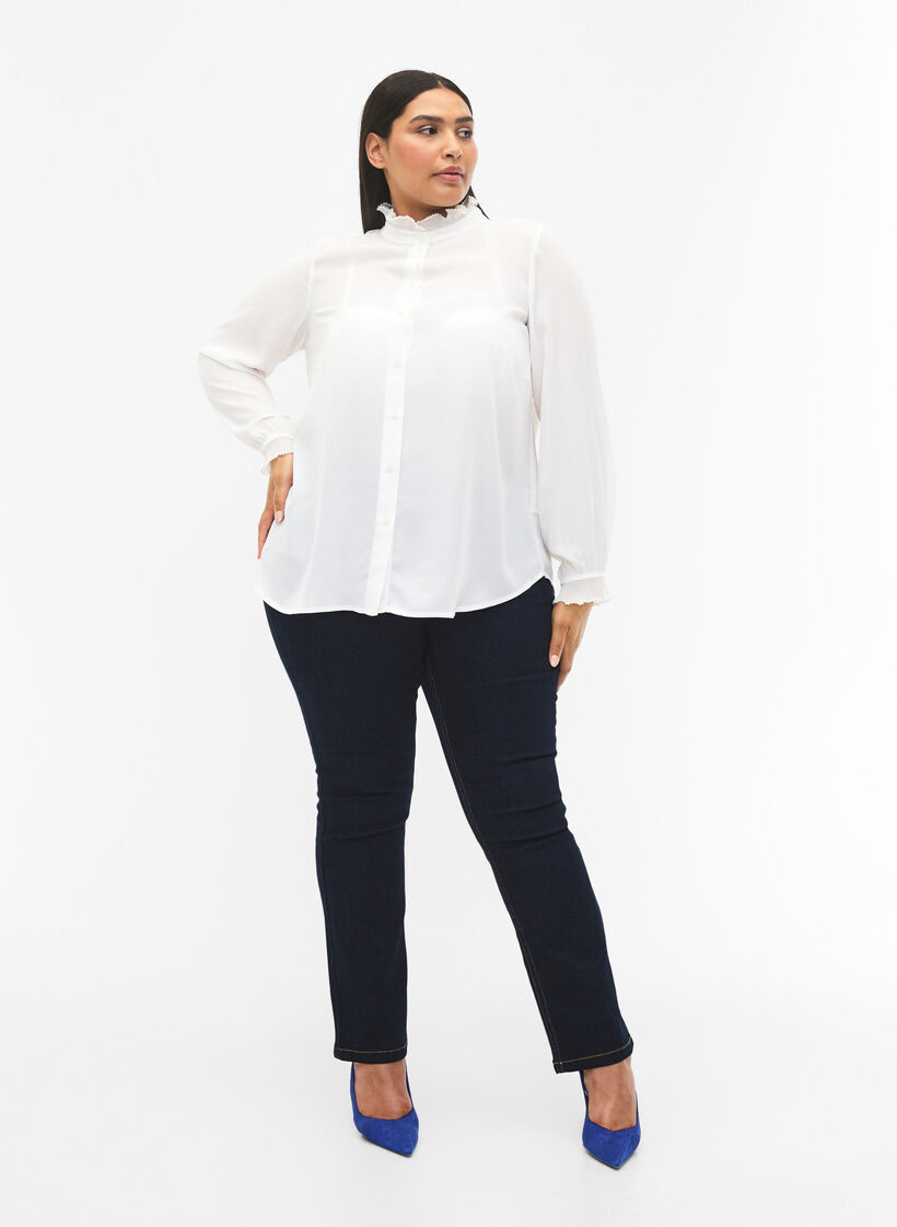 Skjortblus med volangdetaljer, Bright White, Model image number 4