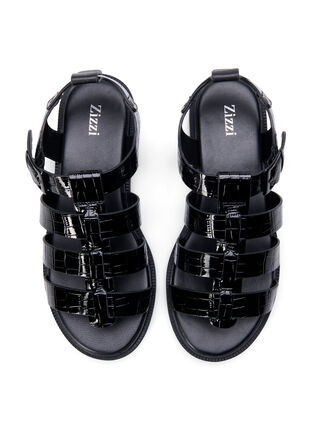 Sandal med bred passform i glänsande krokodilskinn, Black, Packshot image number 2