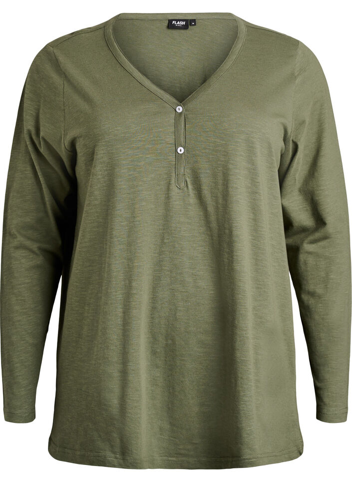 L&aring;ng&auml;rmad t-shirt med v-ringning och knappar, Gr&ouml;n, Packshot image number 0