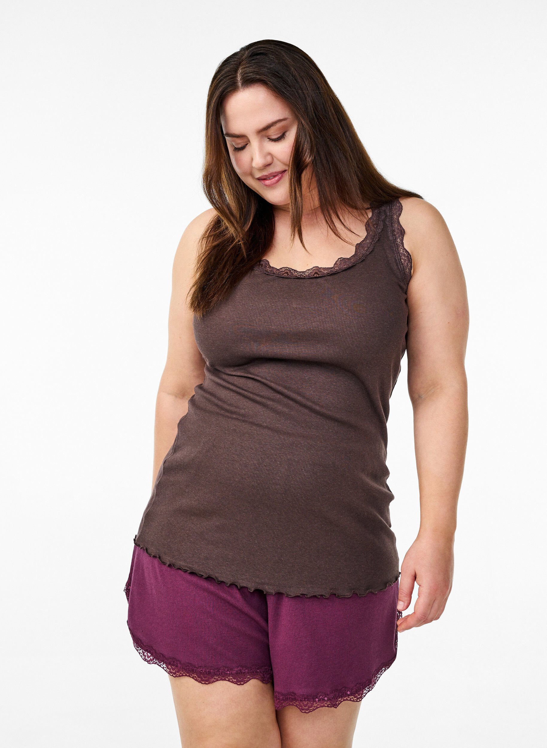 Zizzi Topp med spetskant, Brun, Model image number 0