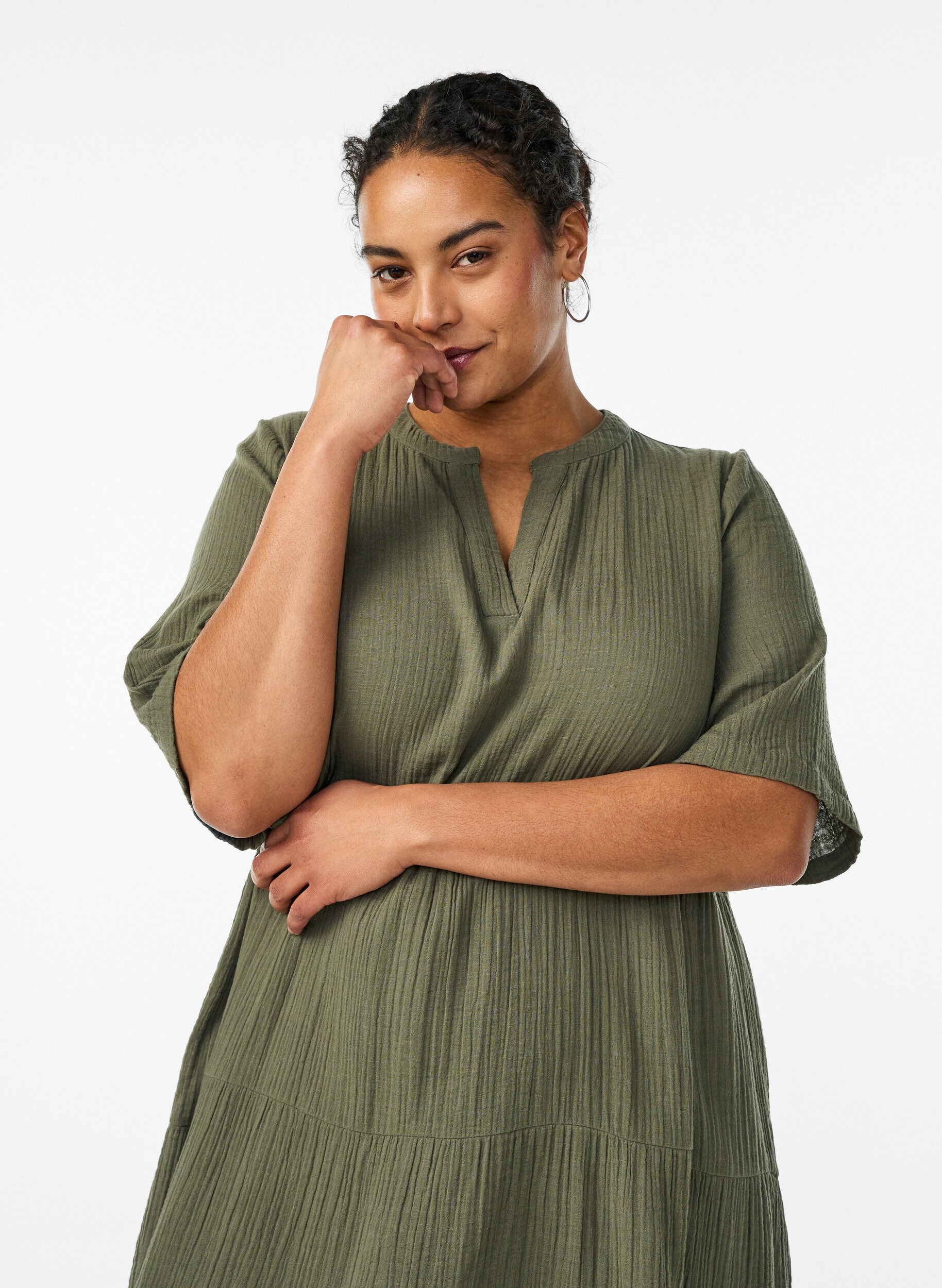 Zizzi A-linjeformad midikl&auml;nning i bomullsmuslin, Gr&ouml;n, Model image number 2