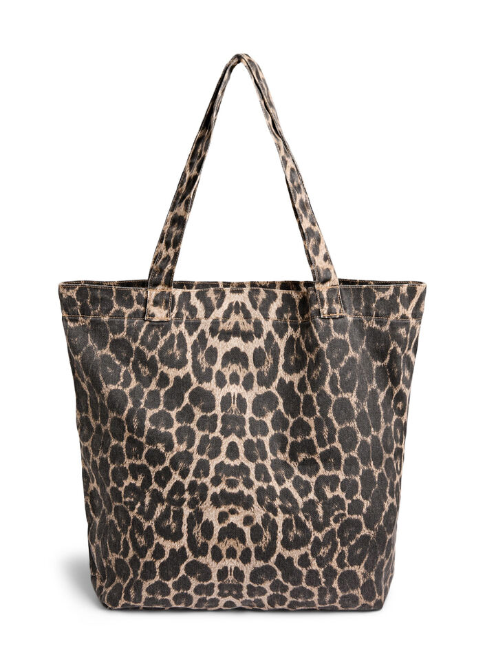 Shopper i denim med leopardm&ouml;nster, Brun, Packshot image number 1