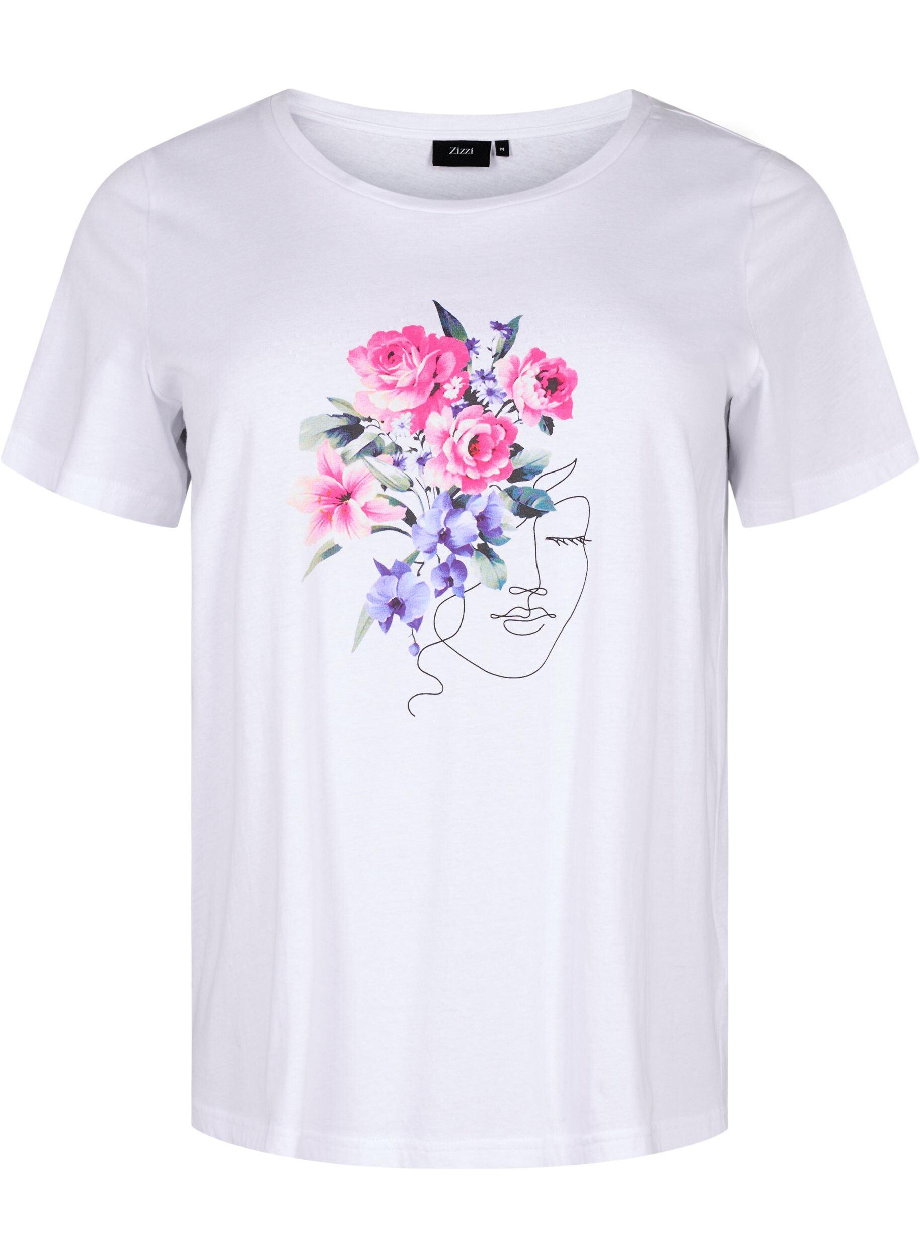 Zizzi T-shirt i bomull med blommor och portr&auml;ttmotiv, B. White Face Flower, Packshot image number 0