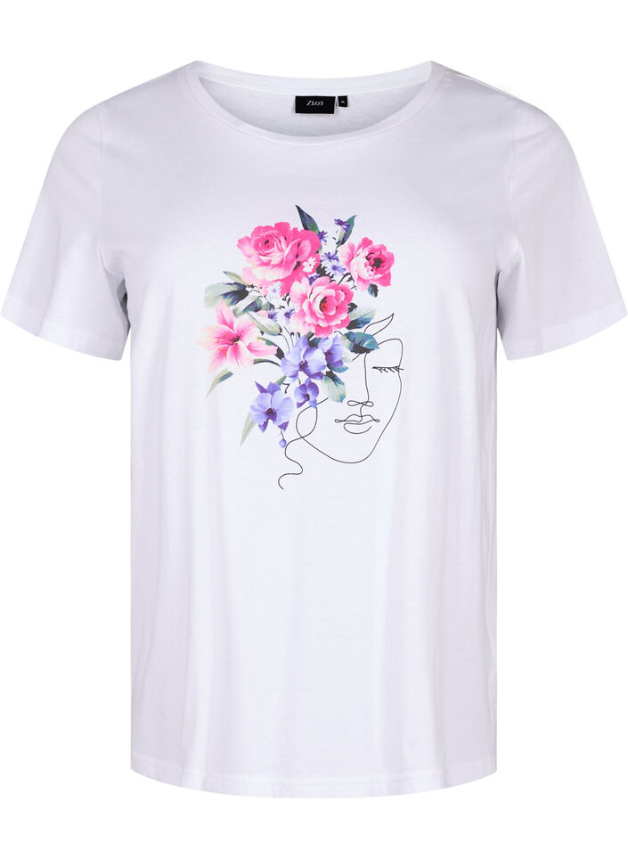 T-shirt i bomull med blommor och porträttmotiv, B. White Face Flower, Packshot image number 0