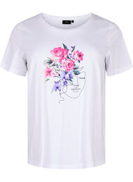 T-shirt i bomull med blommor och porträttmotiv, B. White Face Flower