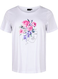 T-shirt i bomull med blommor och porträttmotiv