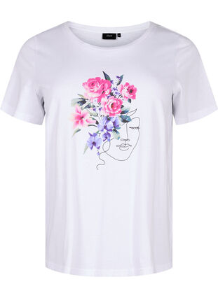 T-shirt i bomull med blommor och porträttmotiv, B. White Face Flower, Packshot image number 0