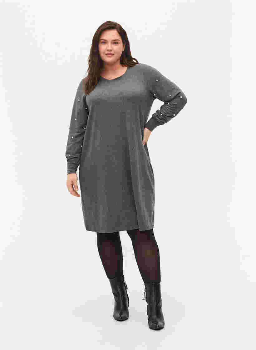 Långärmad klänning med pärldetaljer, Dark Grey Melange, Model image number 2