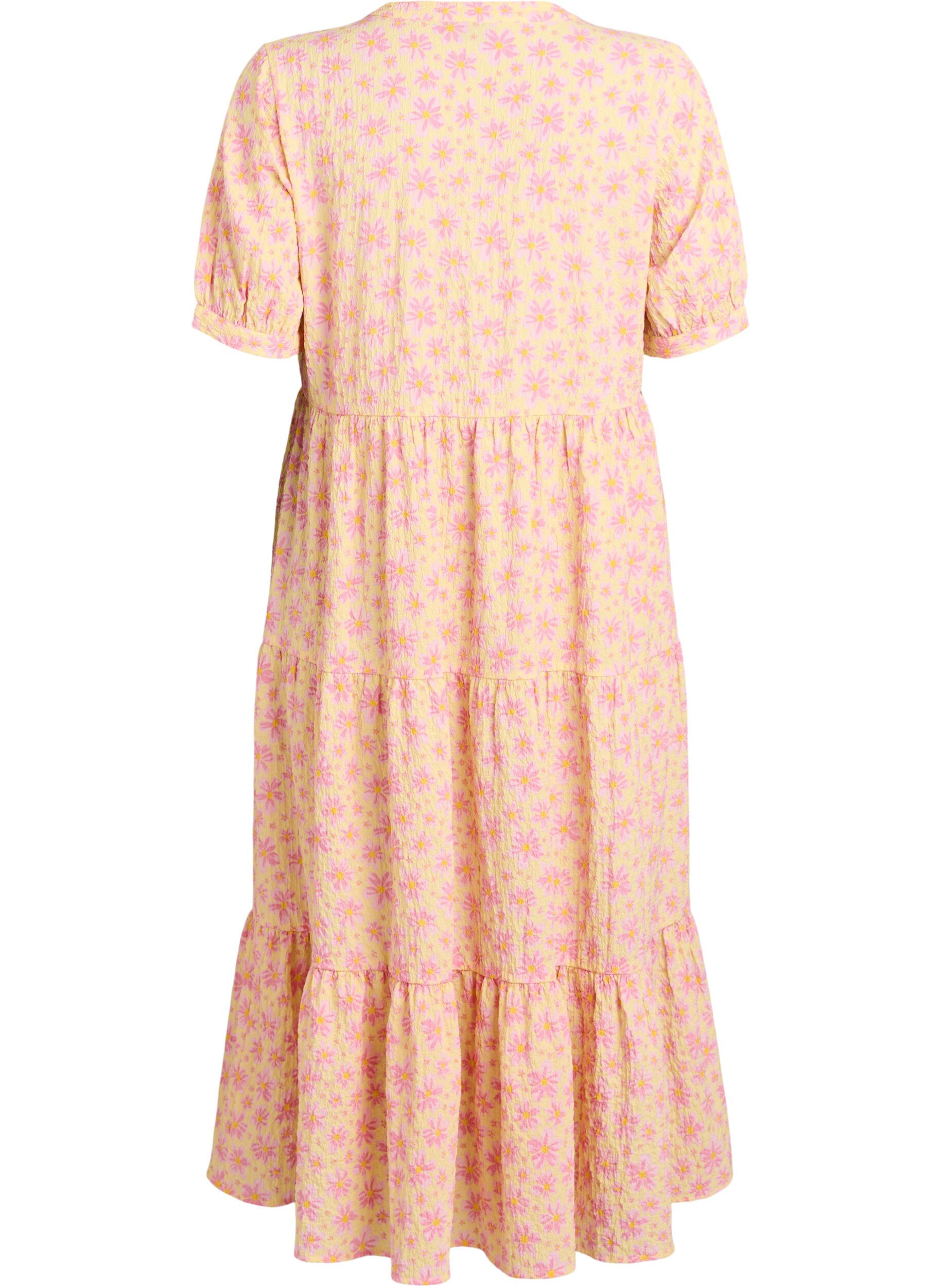 ZizziAnkell&aring;ng kl&auml;nning med korta &auml;rmar och volanger i etapper, Gul, Packshot image number 1