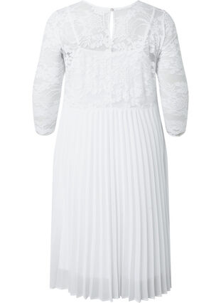 Plisserad klänning med spets och 3/4-ärmar, Bright White, Packshot image number 1