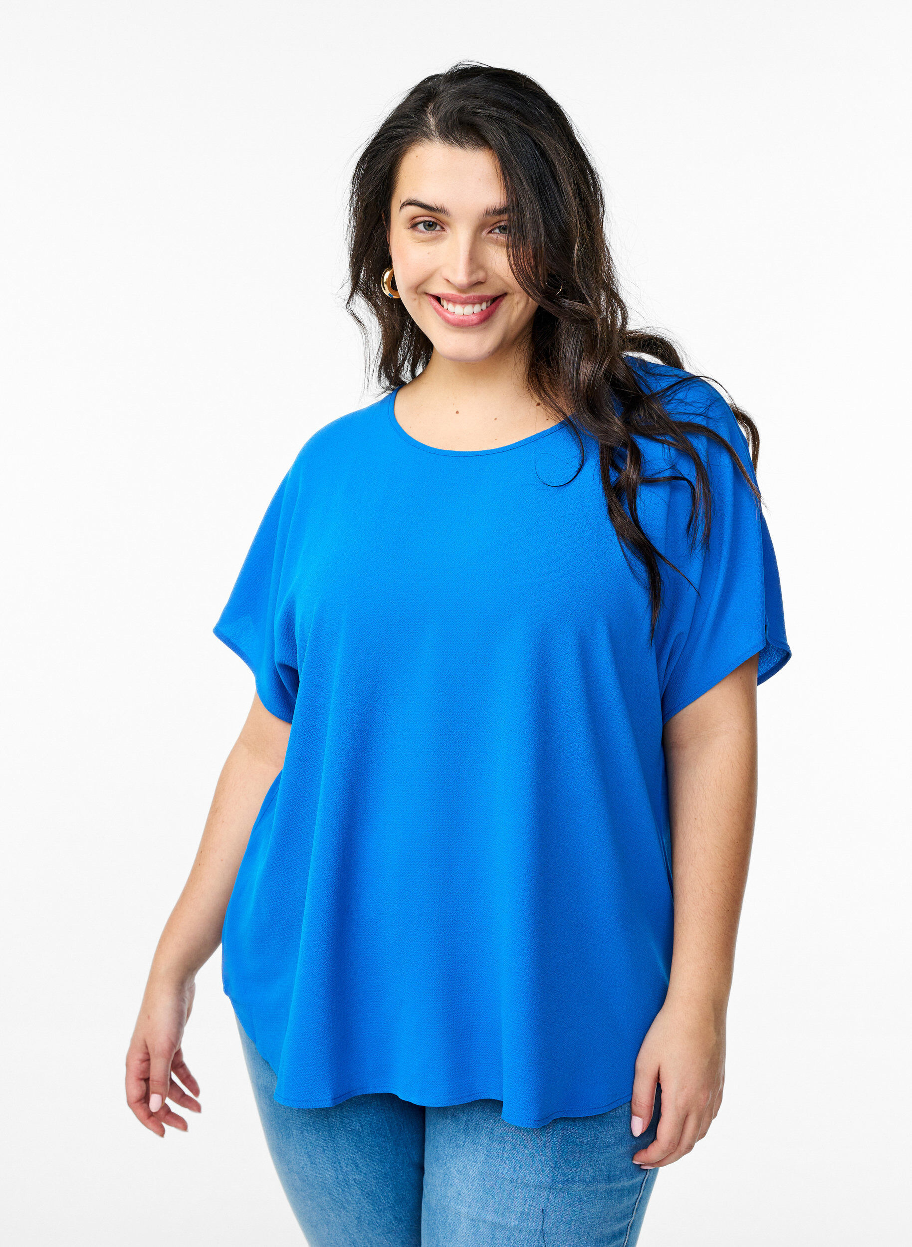Blus med korta &auml;rmar och rund halsringning, Bl&aring;, Model