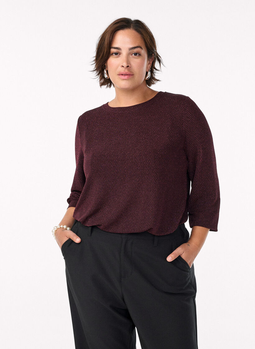 Blus med fiskbensm&ouml;nster och glittertr&aring;d, M&ouml;rk Bordeaux, Model image number 0