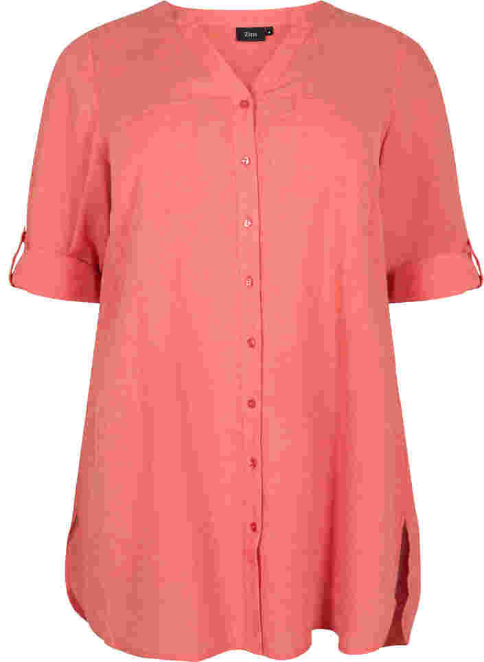 Lång skjorta med 3/4-ärmar och v-ringning, Hot Coral, Packshot image number 0