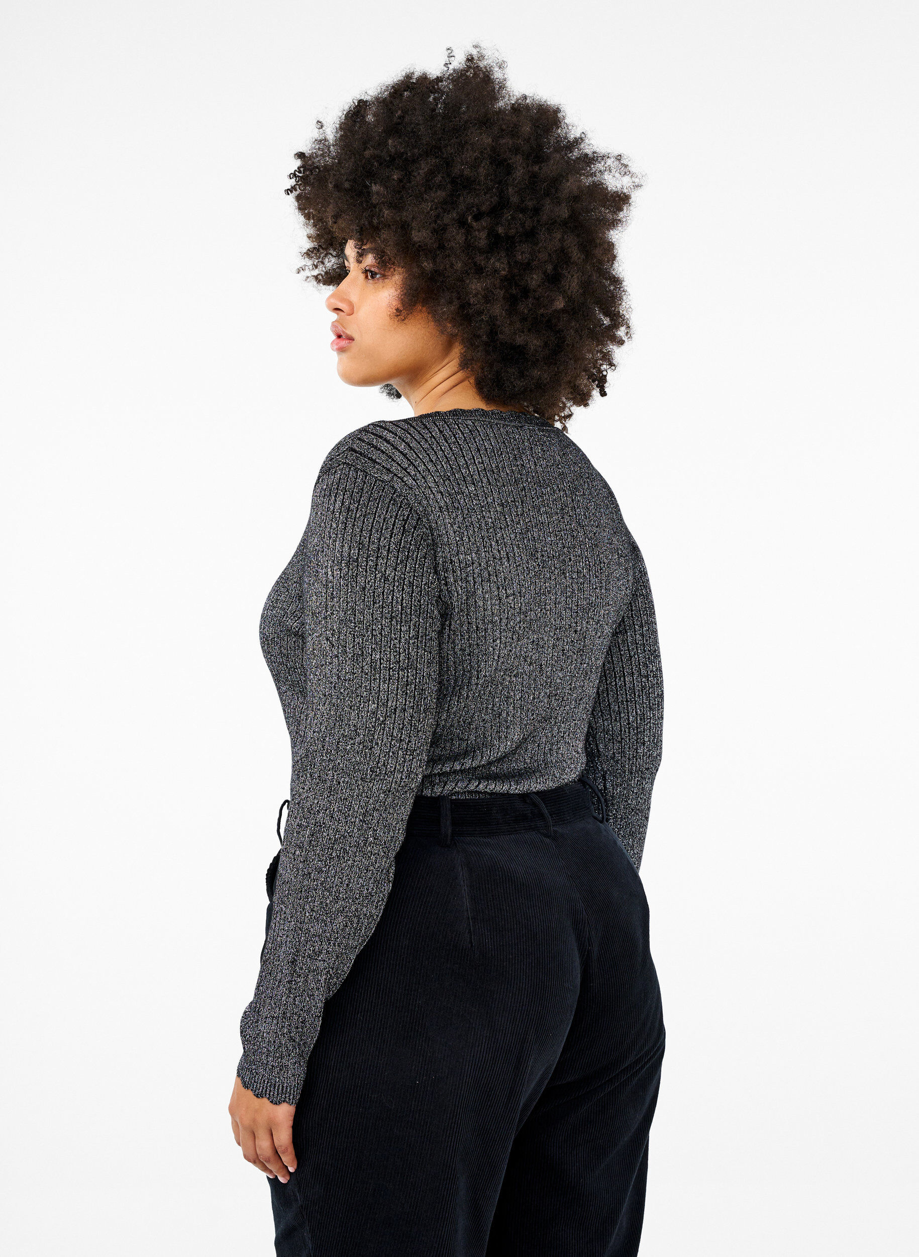 Zizzi &Aring;tsittande stickad blus med glittertr&aring;d, Svart, Model image number 2