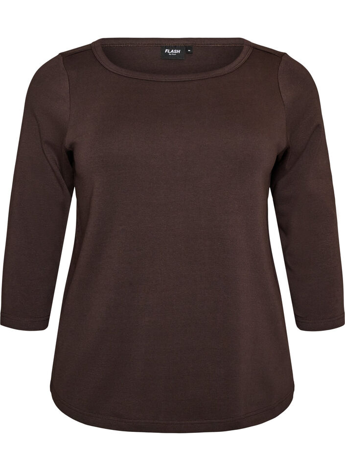 Bas-T-shirt med b&aring;tringning och 3/4-&auml;rmar, Brun, Packshot image number 0