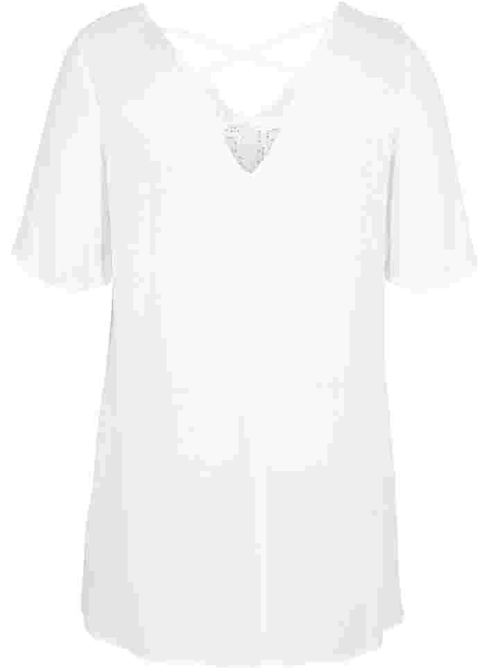 Kortärmad tunika i viskos med spetsdetaljer, Off White, Packshot image number 1