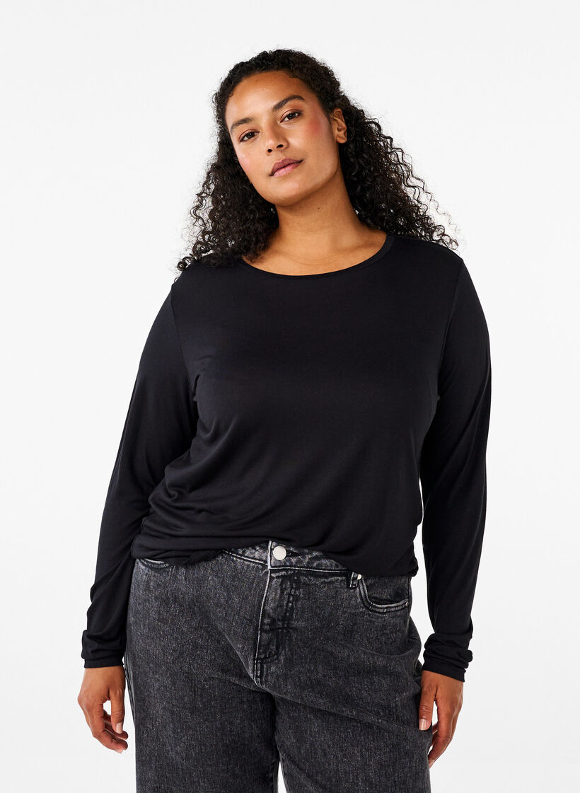 L&aring;ng&auml;rmad blus i ull och viskos, Svart, Model image number 0