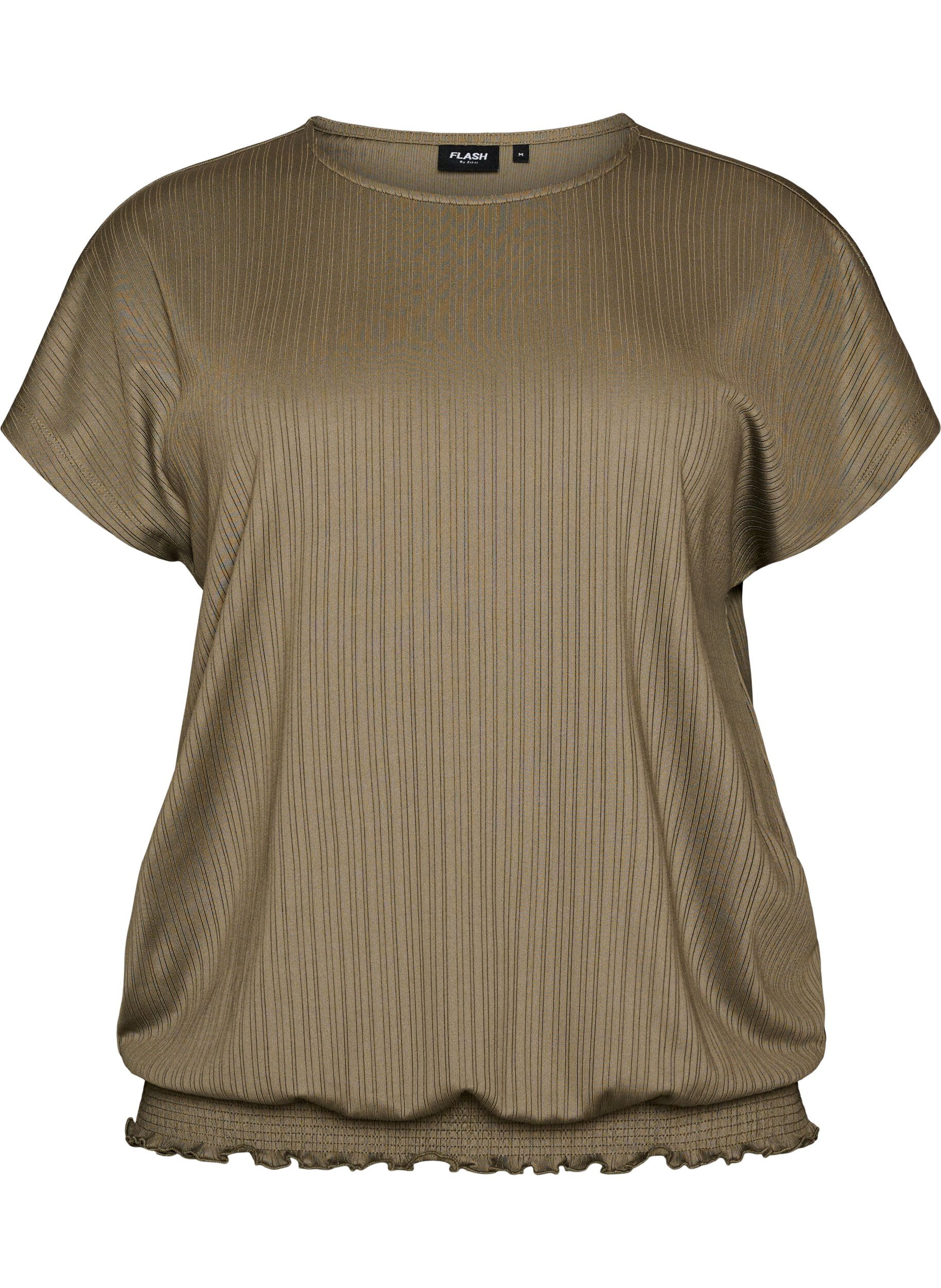 FLASH - Blus i jersey med texturerade r&auml;nder och smock i nederkanten