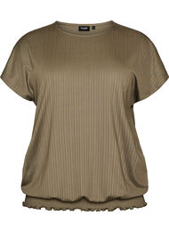 Blus i jersey med texturerade r&auml;nder och smock i nederkanten, Brun