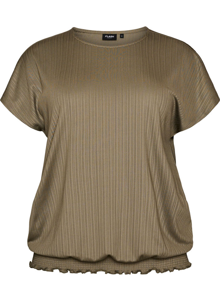 Blus i jersey med texturerade r&auml;nder och smock i nederkanten, Brun, Packshot image number 0