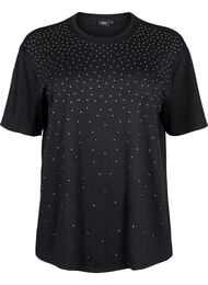 T-shirt med strassstenar och rund hals, Svart