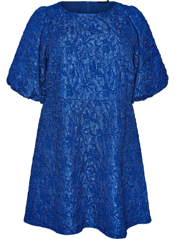 A-linjeformad kl&auml;nning i jacquard med puff&auml;rmar, Bl&aring;, Packshot image number 0