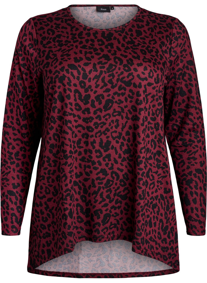 Leopardmönstrad blus med långa ärmar, Mörk Bordeaux, Packshot image number 0