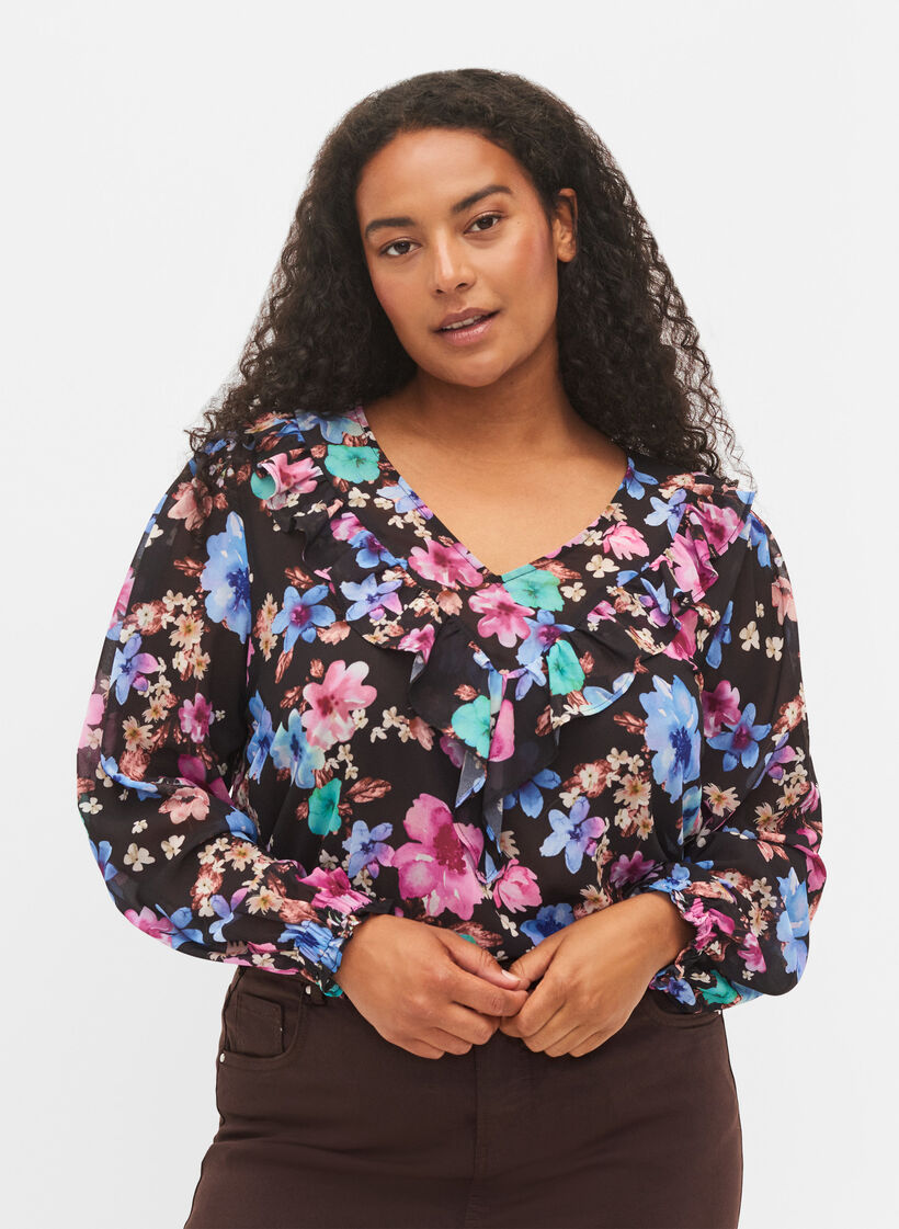 Blommig blus med volanger, Bright Fall Print, Model image number 0