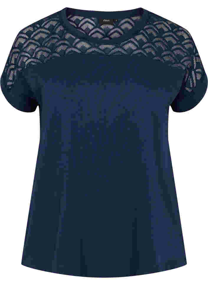 Kortärmad t-shirt av bomull med spets, Navy Blazer, Packshot image number 0