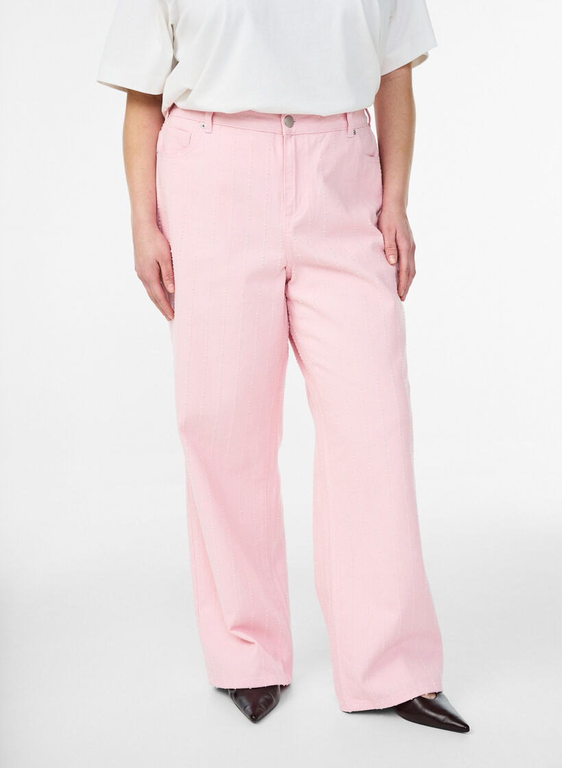 Myra jeans i f&auml;rgad denim med bred passform och texturerat m&ouml;nster, Rosa, Model image number 2