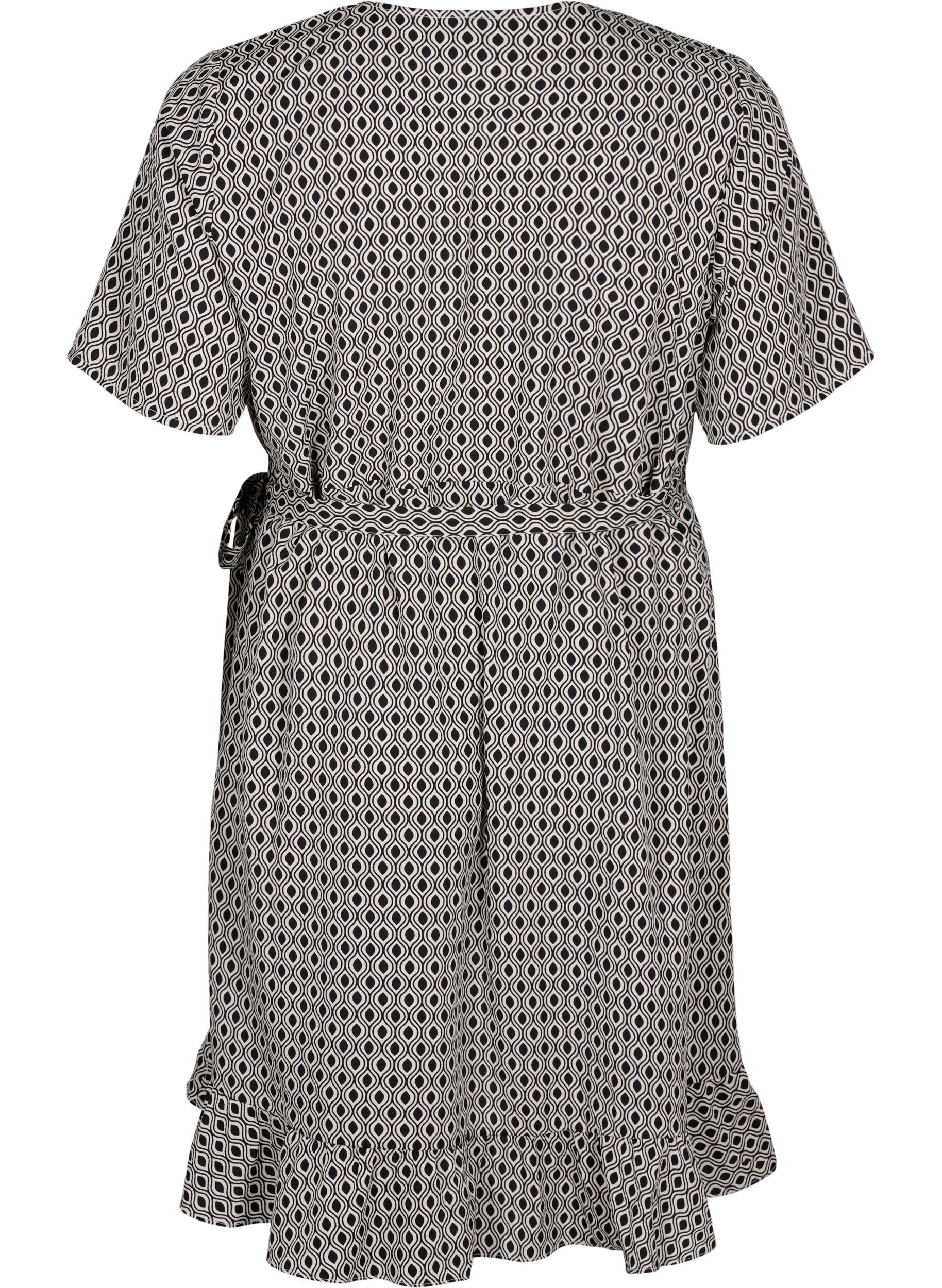 Zizzi FLASH &ndash; Kort&auml;rmad omlottkl&auml;nning, Black White Graphic, Packshot image number 1